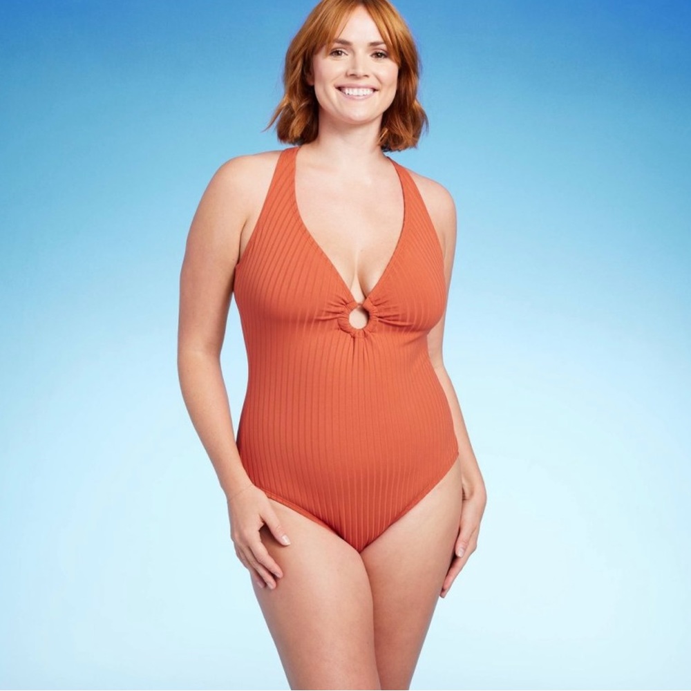 ONE PIECE WIDE RIBBED CENTER RING MEDIUM COVERAGE - KONA SOL APRICOT ORANGE
